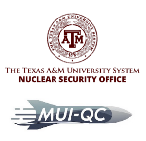 The Texas A&M University System seal with text "The Texas A&M University System Nuclear Security Office" underneath the seal. Below that text a logo of a rocket with the words "MUI-QC" written on it.